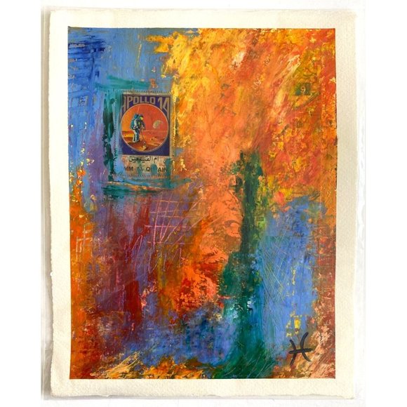 Moon Walk - Original Art Oil Painting Collage Cold Wax Colorful Texture 10.2x8in - Picture 3 of 9